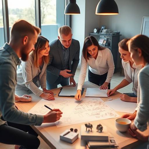 Een team van ontwerpers dat concepten bespreekt aan een tafel vol schetsen en 3D-modellen.